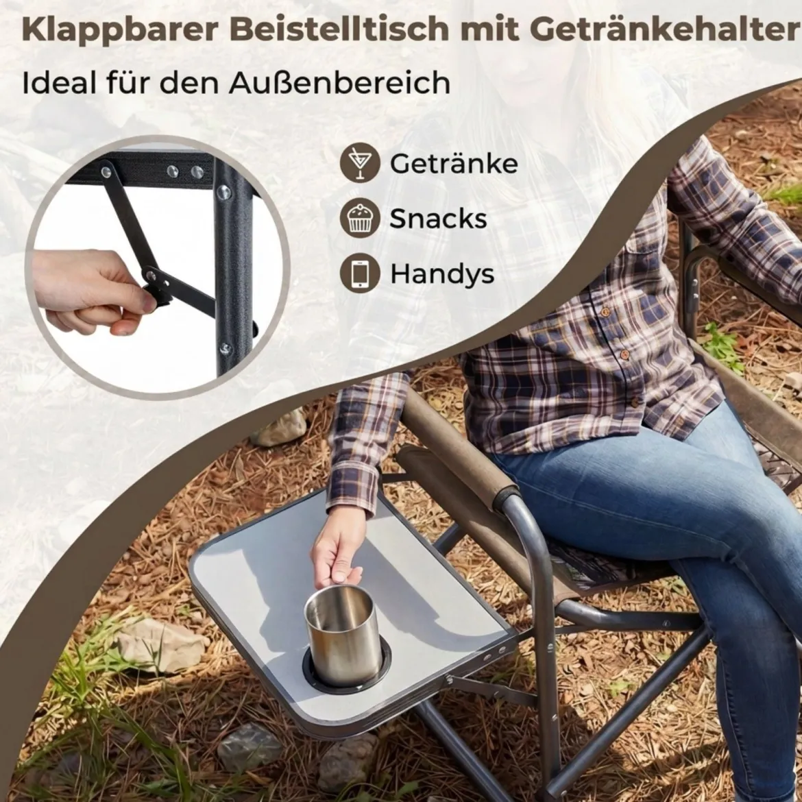 Regiestuhl Klappbarer Campingstuhl mit Seitentisch & Getränkehalter Blau/Schwarz/Grün