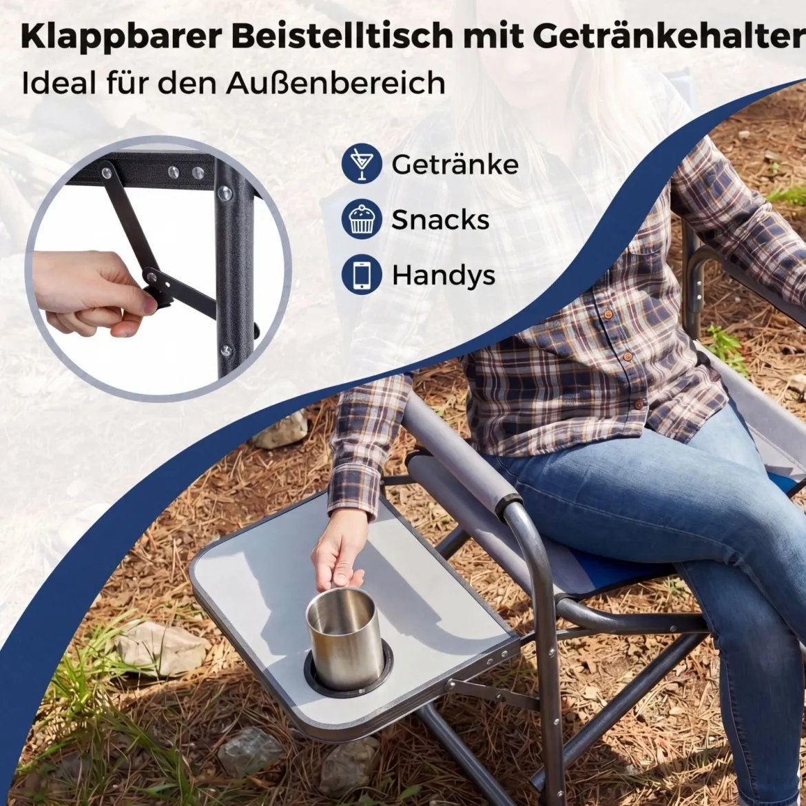 Regiestuhl Klappbarer Campingstuhl mit Seitentisch & Getränkehalter Blau/Schwarz/Grün