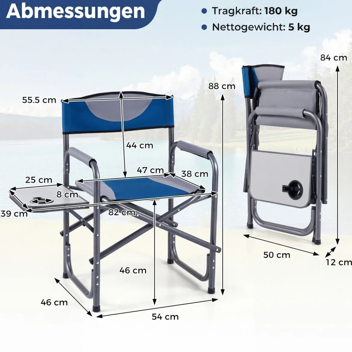 Regiestuhl Klappbarer Campingstuhl mit Seitentisch & Getränkehalter Blau/Schwarz/Grün