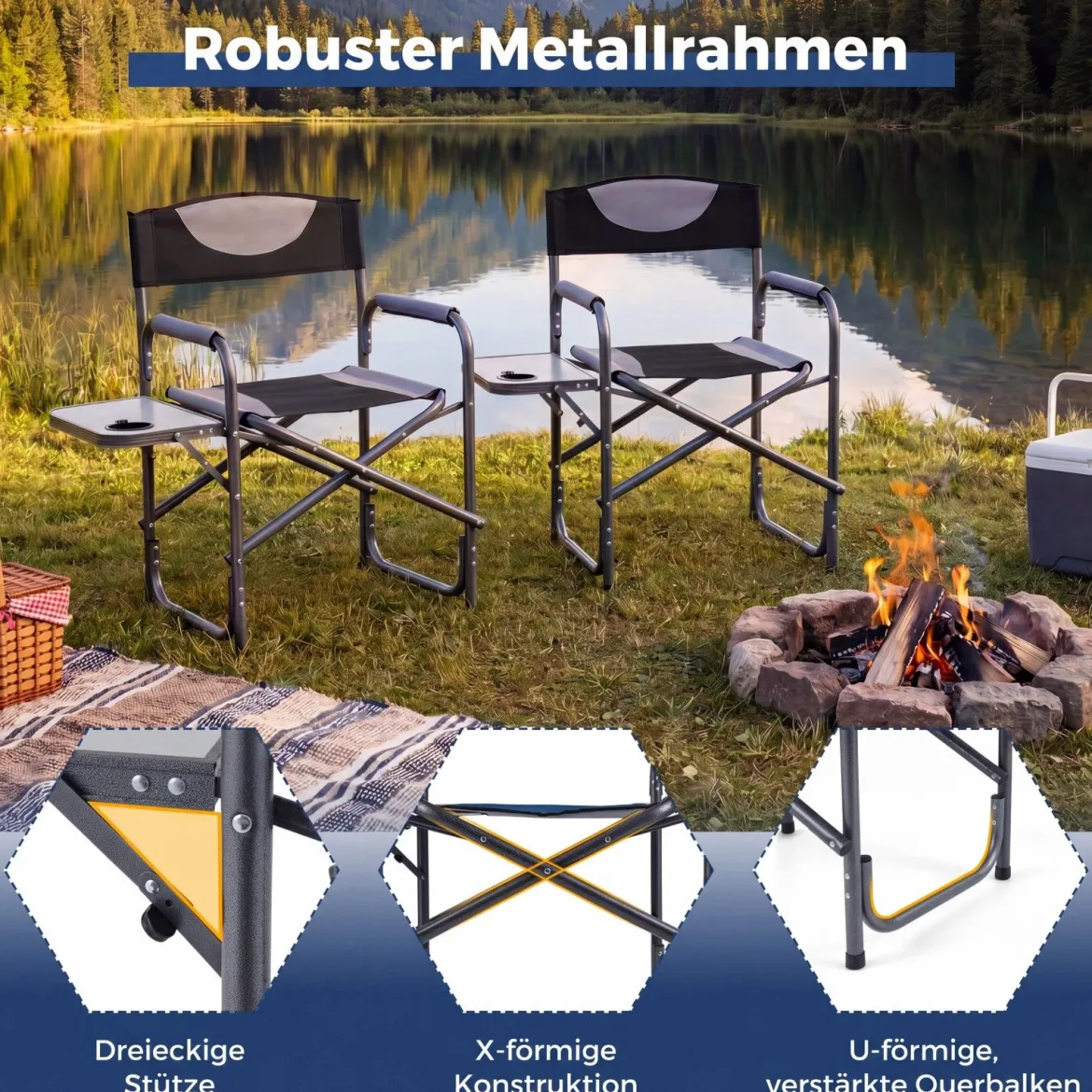 Regiestuhl Klappbarer Campingstuhl mit Seitentisch & Getränkehalter Blau/Schwarz/Grün