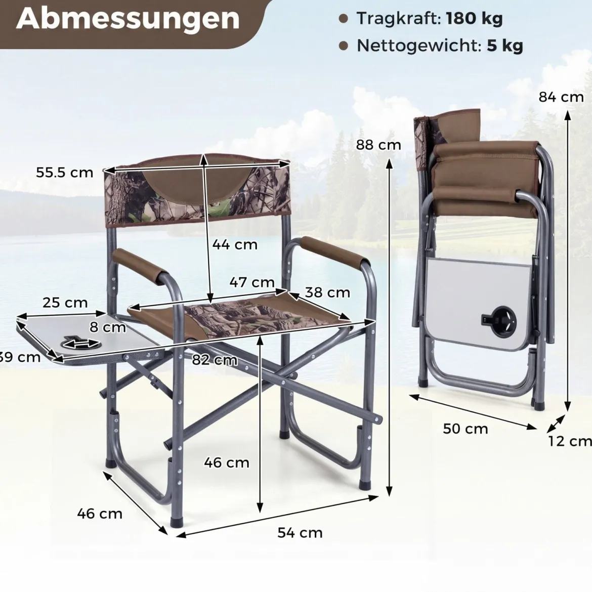 Regiestuhl Klappbarer Campingstuhl mit Seitentisch & Getränkehalter Blau/Schwarz/Grün