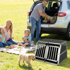 Reise-Hundebox Aluminium-Hundetransportbox mit abschließbarer Tür herausnehmbarer Trennwand Silber