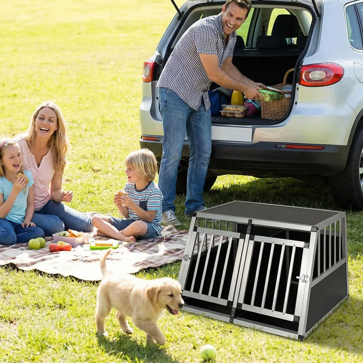 Reise-Hundebox Aluminium-Hundetransportbox mit abschließbarer Tür herausnehmbarer Trennwand Silber