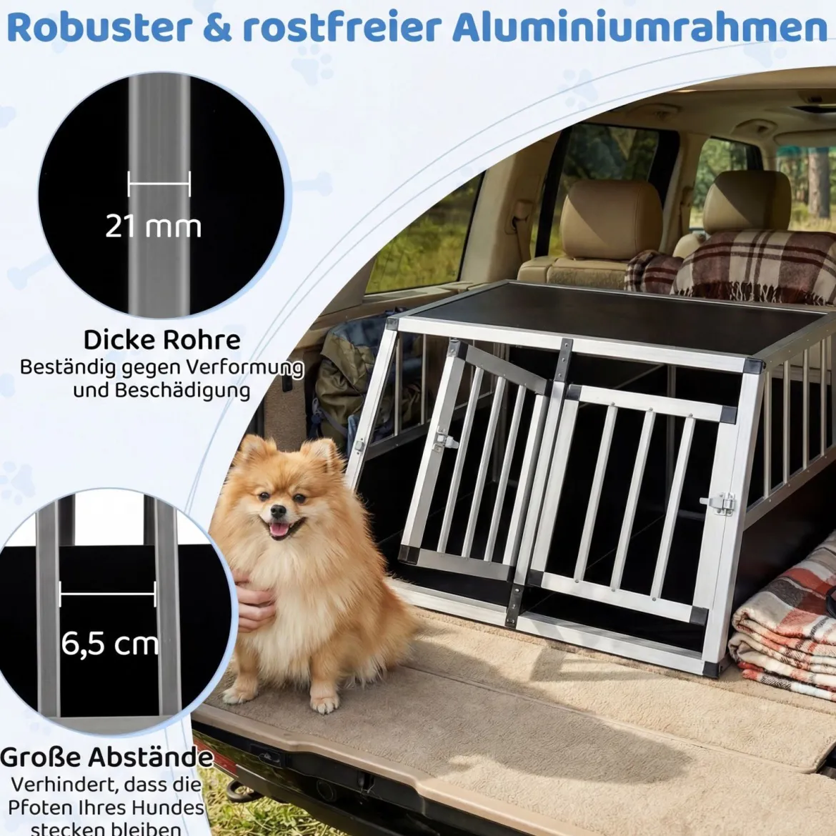 Reise-Hundebox Aluminium-Hundetransportbox mit abschließbarer Tür herausnehmbarer Trennwand Silber
