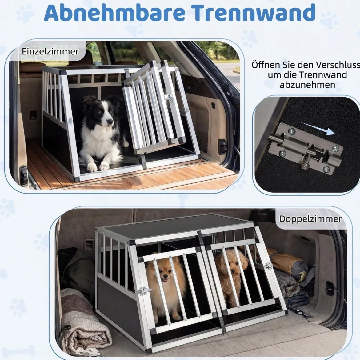Reise-Hundebox Aluminium-Hundetransportbox mit abschließbarer Tür herausnehmbarer Trennwand Silber