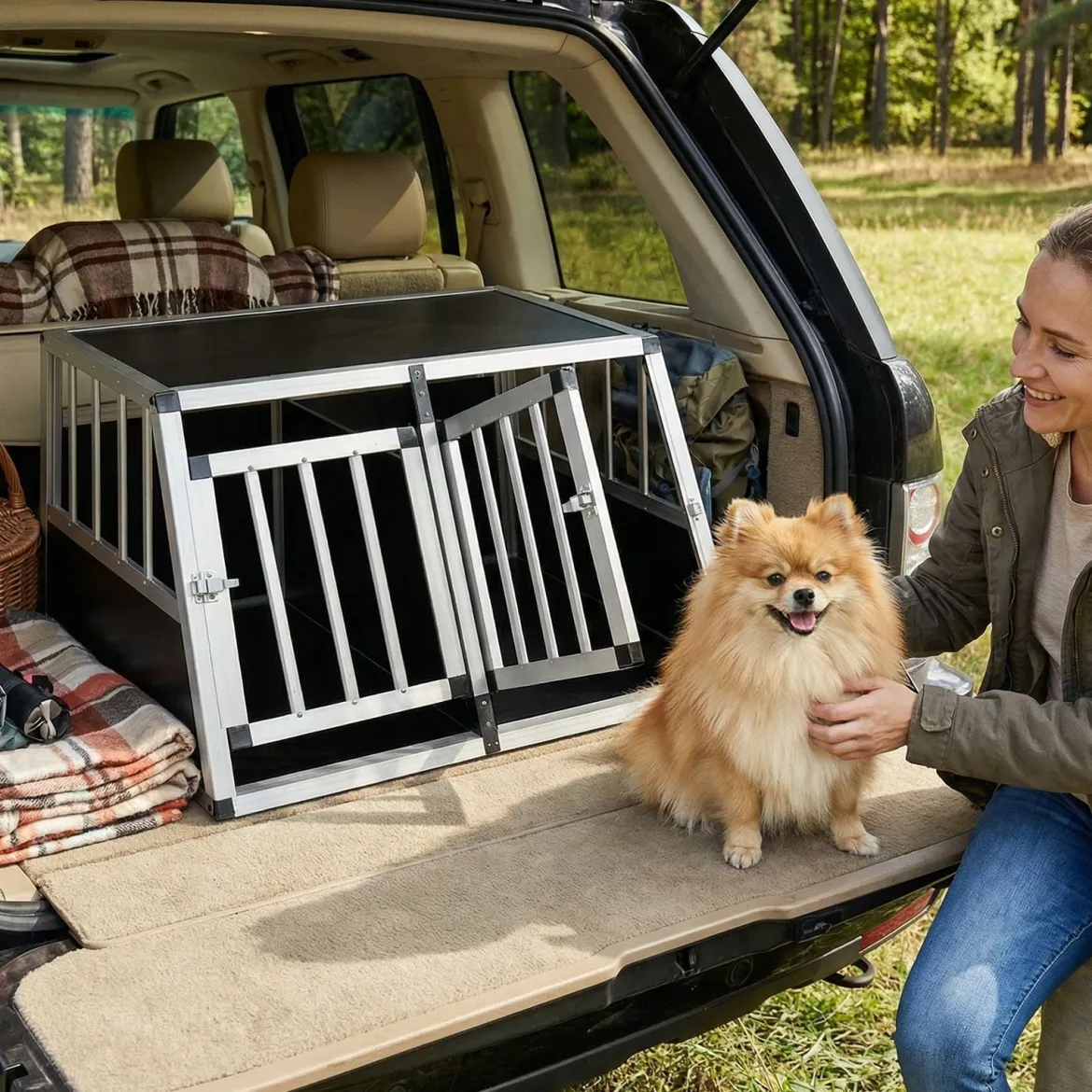 Reise-Hundebox Aluminium-Hundetransportbox mit abschließbarer Tür herausnehmbarer Trennwand Silber