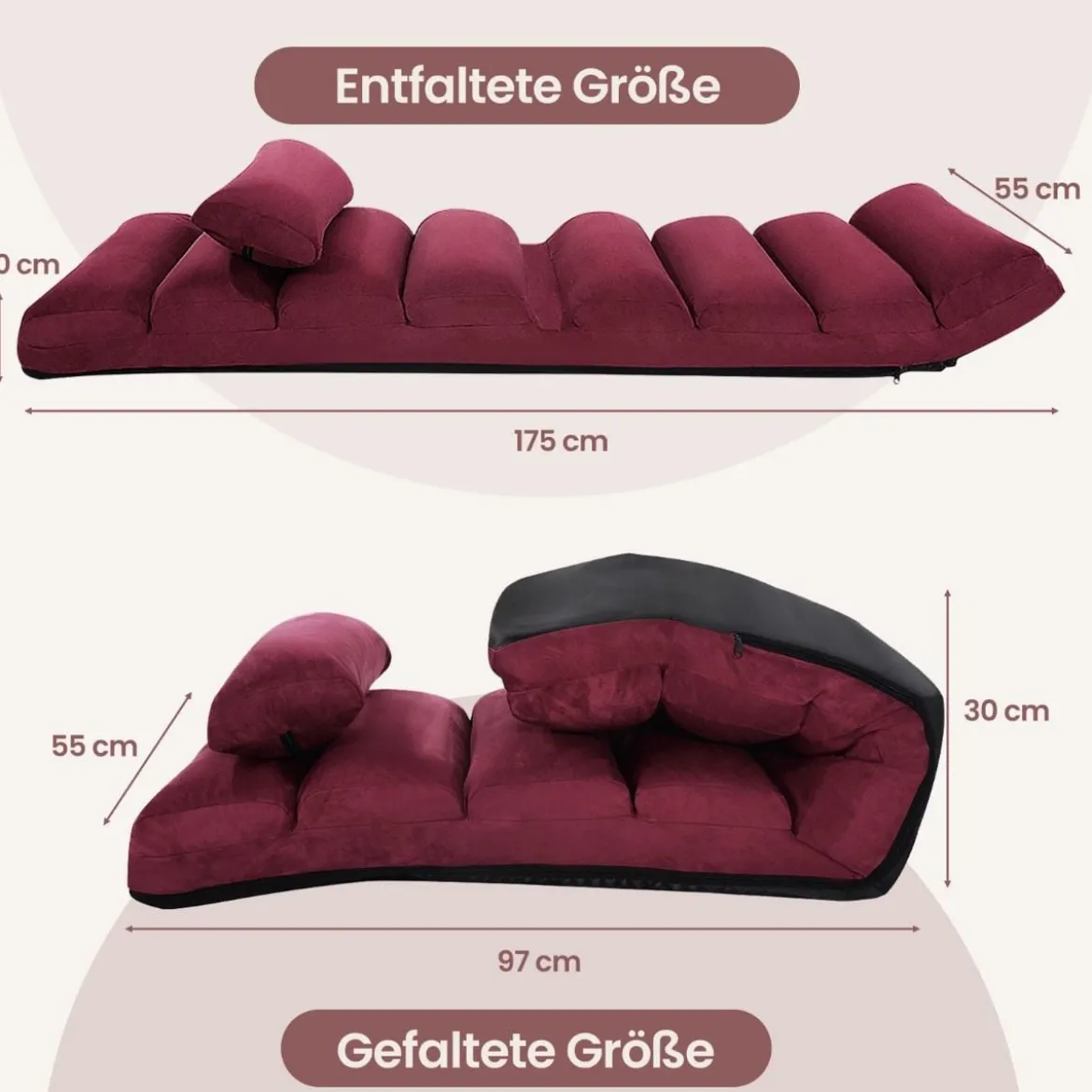 Relaxliege klappbar Bodenstuhl mit Verstellbarer Rückenlehne Rot 175 x 55 x 20 cm