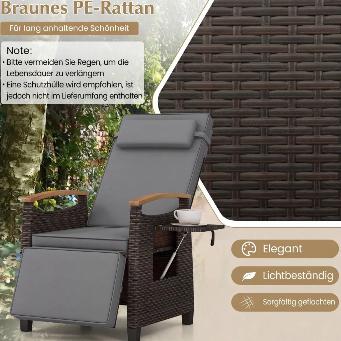 Relaxliege Rattan Liegesessel mit weichen Kissen Verstellbarer Rückenlehne und Fußstütze Liegestuhl Weiß/Grau