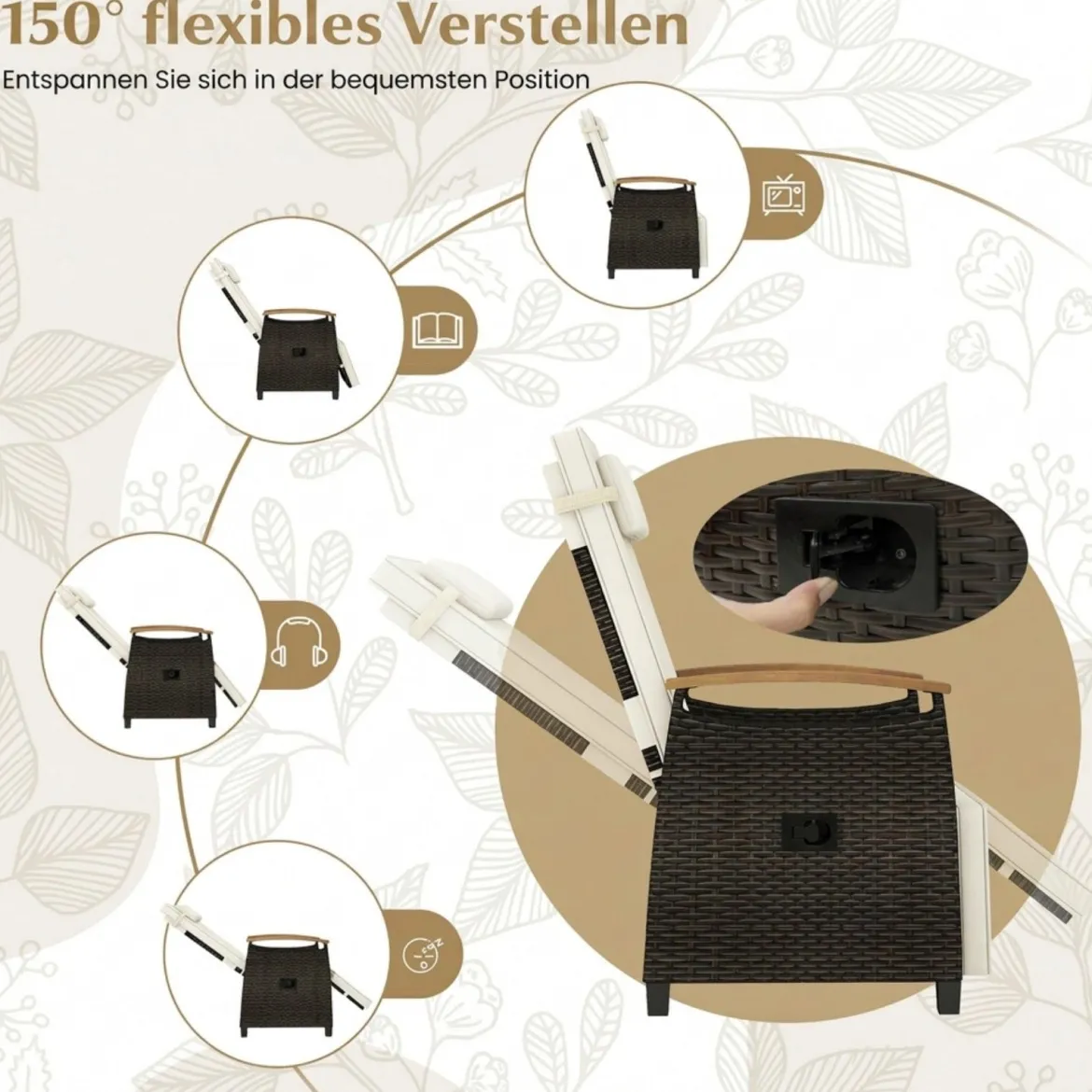 Relaxliege Rattan Liegesessel mit weichen Kissen Verstellbarer Rückenlehne und Fußstütze Liegestuhl Weiß/Grau