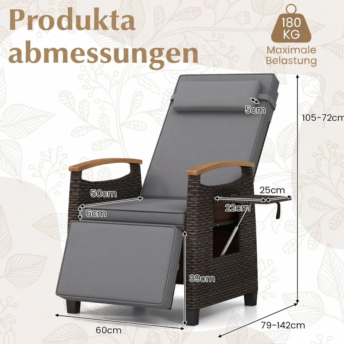 Relaxliege Rattan Liegesessel mit weichen Kissen Verstellbarer Rückenlehne und Fußstütze Liegestuhl Weiß/Grau