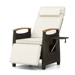 Relaxliege Rattan Liegesessel mit weichen Kissen Verstellbarer Rückenlehne und Fußstütze Liegestuhl Weiß/Grau