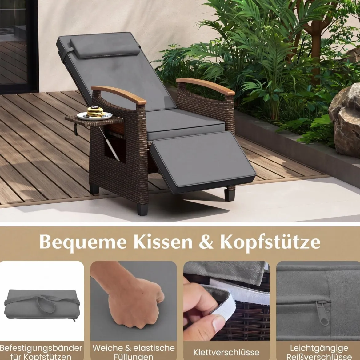 Relaxliege Rattan Liegesessel mit weichen Kissen Verstellbarer Rückenlehne und Fußstütze Liegestuhl Weiß/Grau