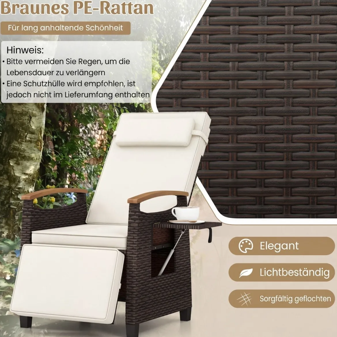 Relaxliege Rattan Liegesessel mit weichen Kissen Verstellbarer Rückenlehne und Fußstütze Liegestuhl Weiß/Grau