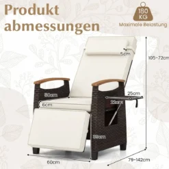 Relaxliege Rattan Liegesessel mit weichen Kissen Verstellbarer Rückenlehne und Fußstütze Liegestuhl Weiß/Grau