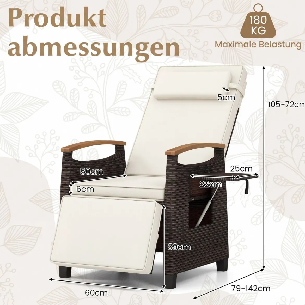 Relaxliege Rattan Liegesessel mit weichen Kissen Verstellbarer Rückenlehne und Fußstütze Liegestuhl Weiß/Grau