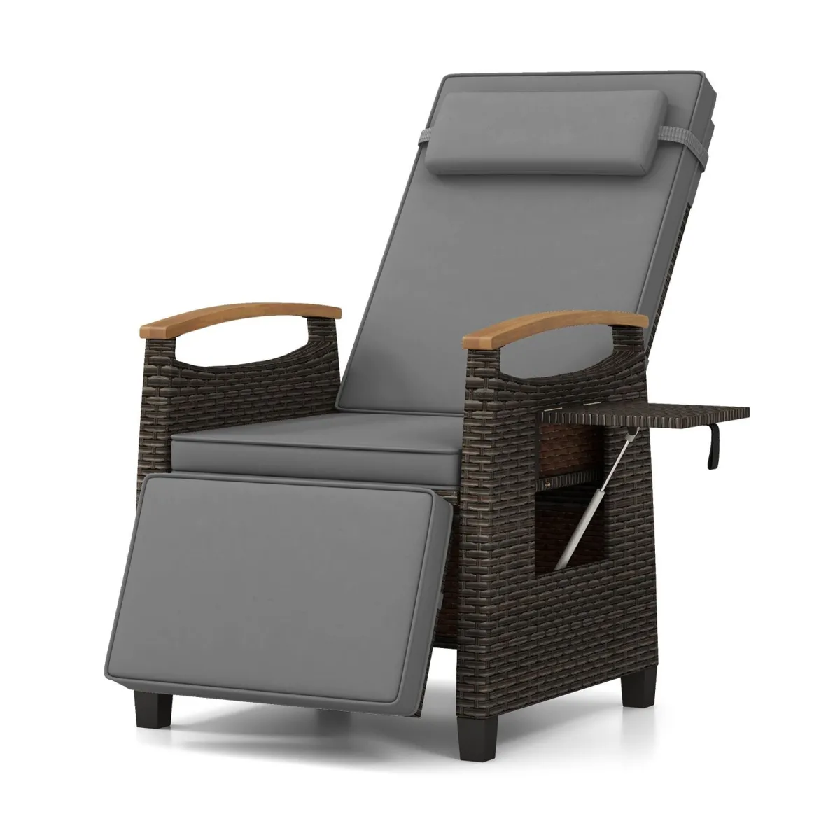 Relaxliege Rattan Liegesessel mit weichen Kissen Verstellbarer Rückenlehne und Fußstütze Liegestuhl Weiß/Grau