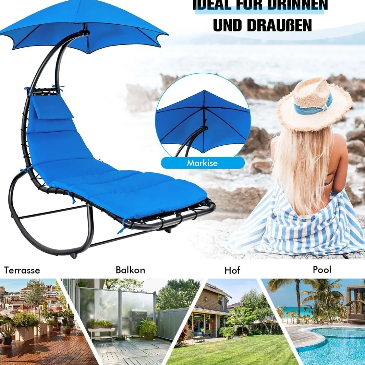 Relaxliege Schwebeliege mit Sonnenschirm und Auflage bis 150kg belastbar Blau