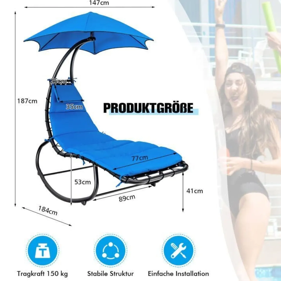 Relaxliege Schwebeliege mit Sonnenschirm und Auflage bis 150kg belastbar Blau