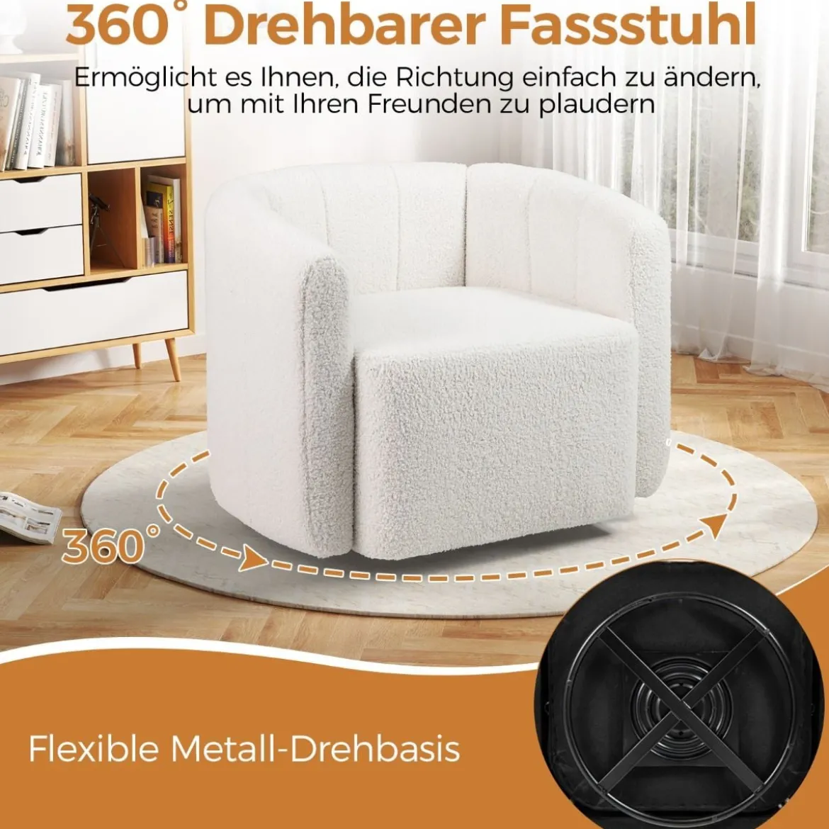 Relaxsessel Drehsessel mit breiter Sitzfläche & 360° drehbarem Metallfuß 83 x 70 x 65 cm Weiß