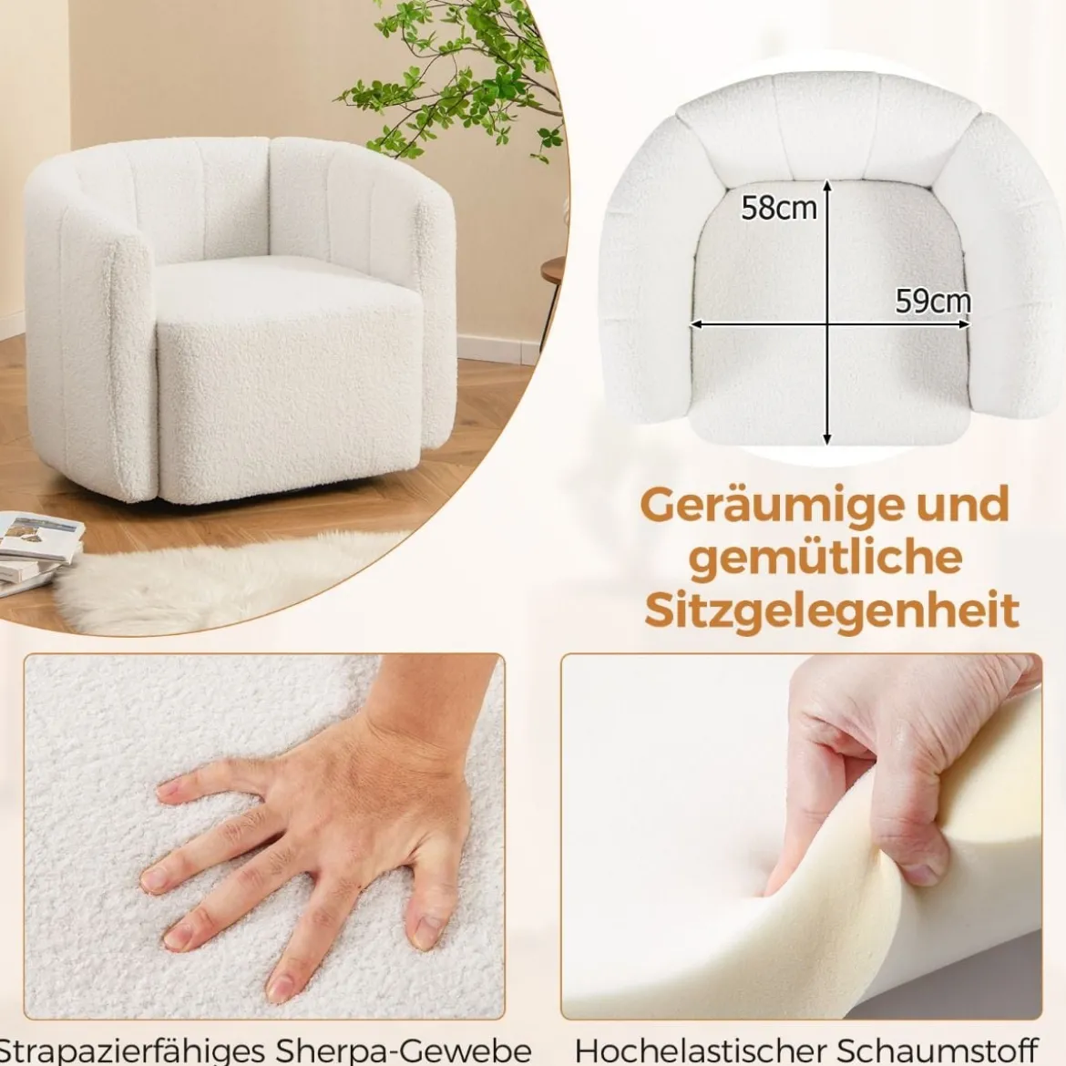 Relaxsessel Drehsessel mit breiter Sitzfläche & 360° drehbarem Metallfuß 83 x 70 x 65 cm Weiß
