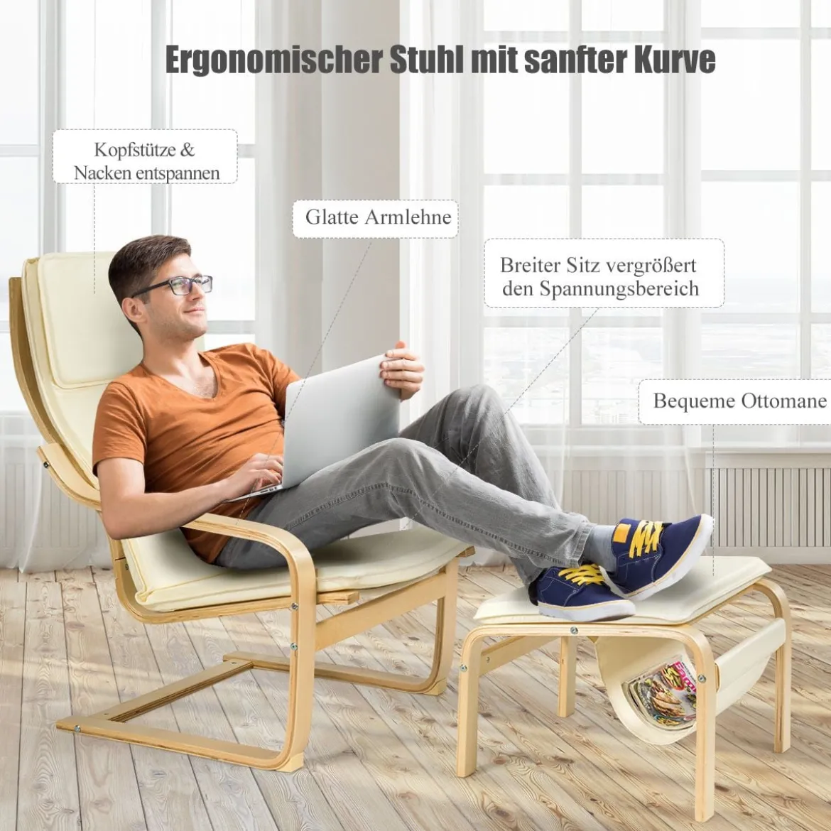Relaxsessel Relaxstuhl Entspannungsstuhl Kippschutz mit Ottomane und Kissen Beige