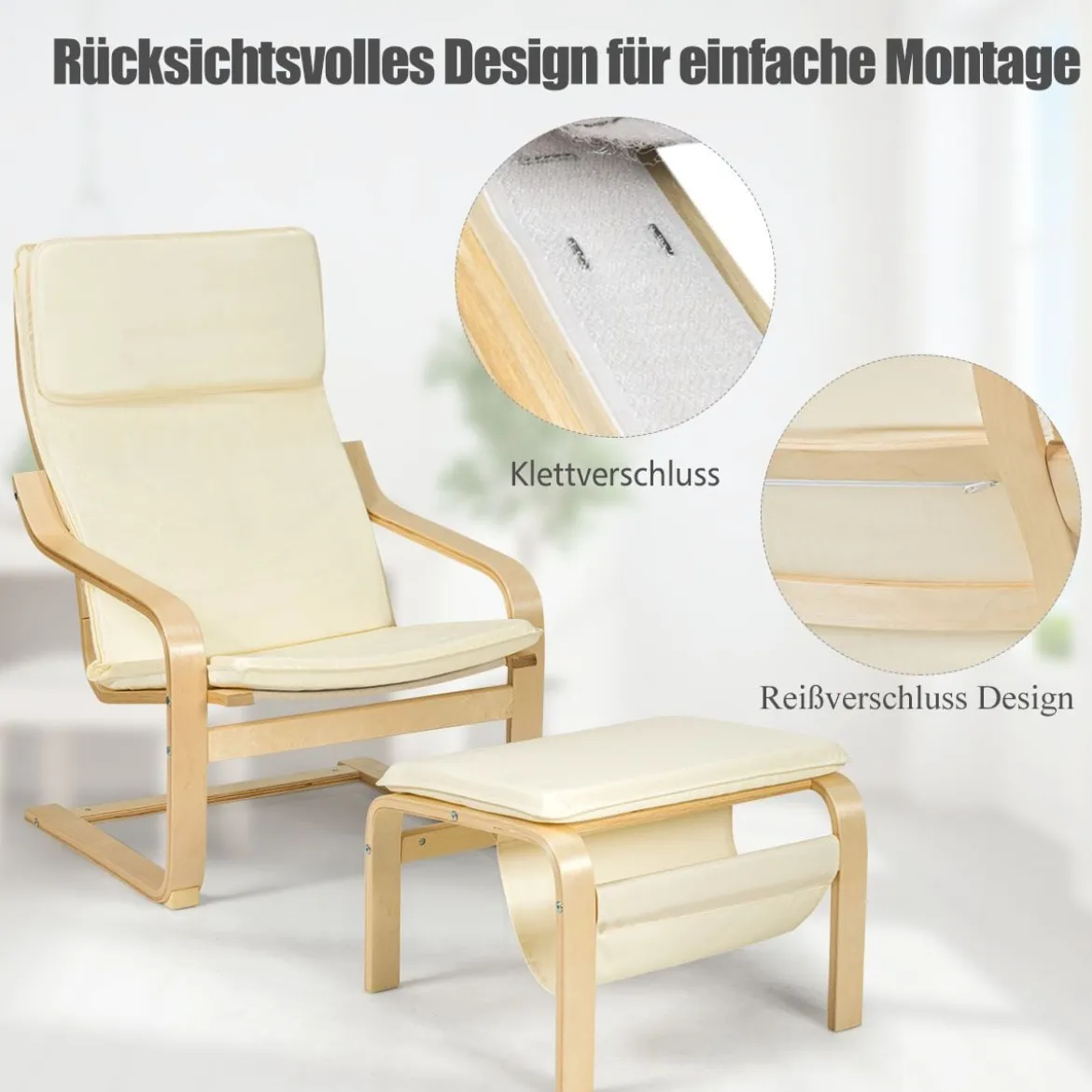Relaxsessel Relaxstuhl Entspannungsstuhl Kippschutz mit Ottomane und Kissen Beige