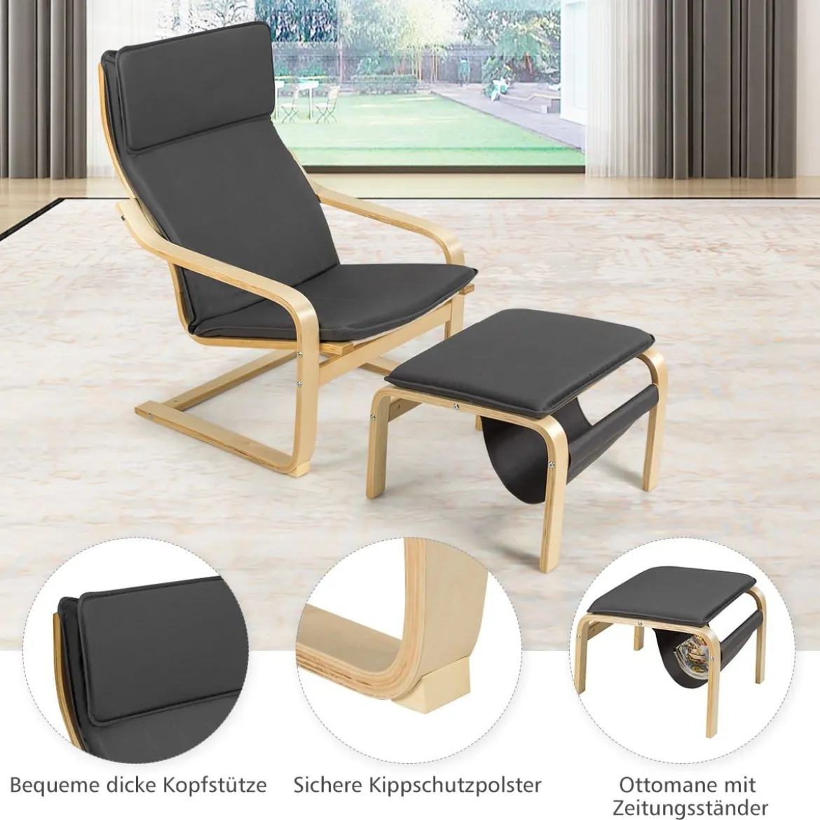 Relaxsessel Relaxstuhl Entspannungsstuhl Kippschutz mit Ottomane und Kissen Grau