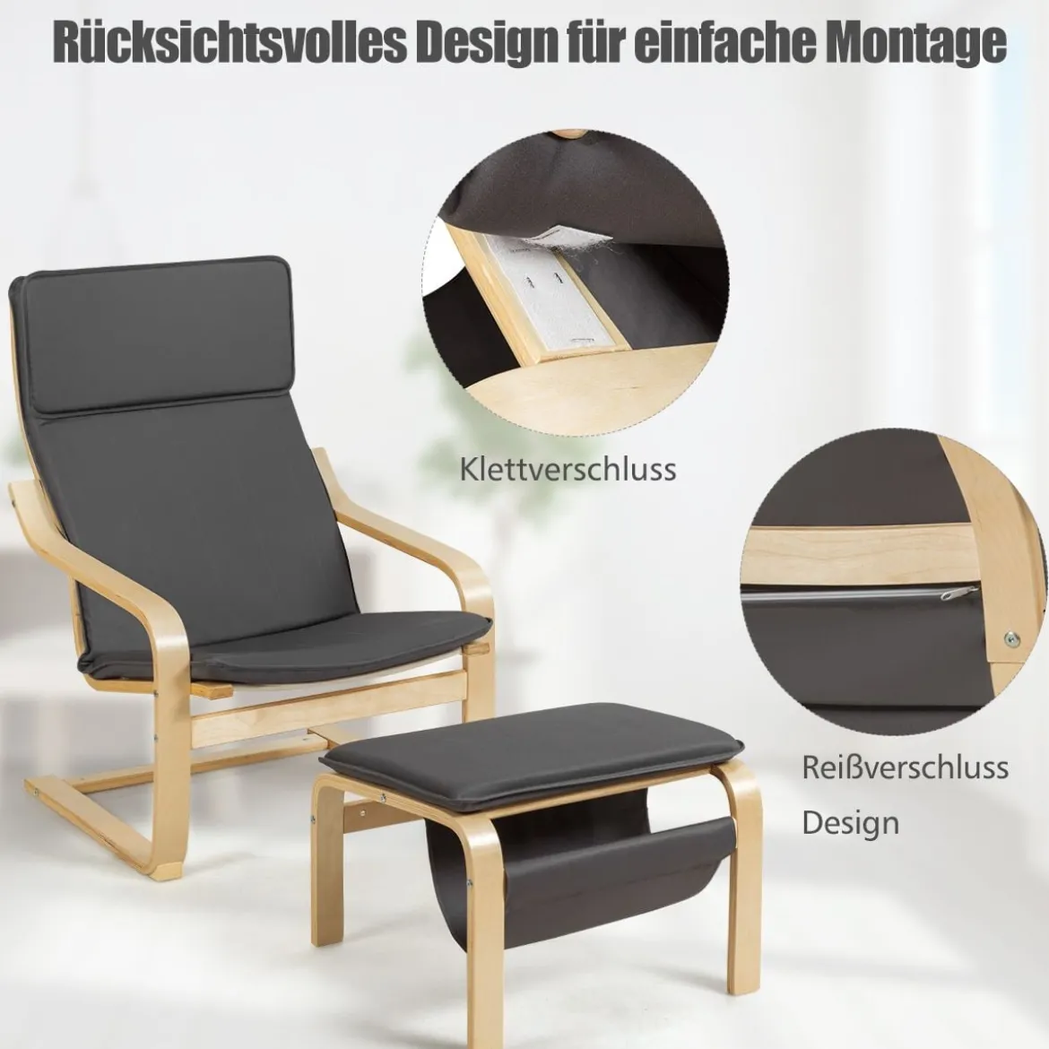 Relaxsessel Relaxstuhl Entspannungsstuhl Kippschutz mit Ottomane und Kissen Grau