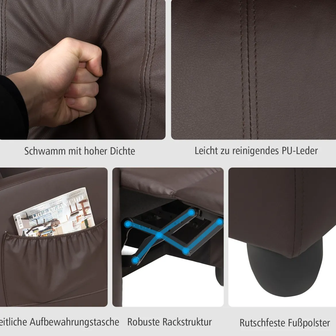 Relaxsessel verstellbar Fernsehsessel TV Sessel Ruhesessel Kunstleder Braun