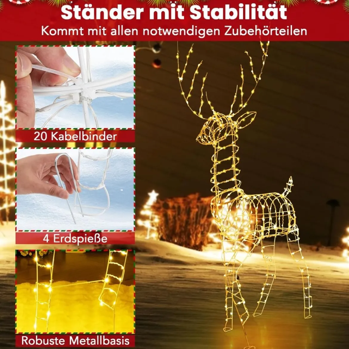 Rentier & Schlitten Weihnachtsdeko 2-tlg. Beleuchtetes Rentier mit 215 Weißen LEDs