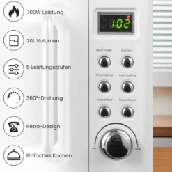 Retro Aufsatzmikrowellenofen mit 5 Mikrowellenleistungsstufen Weiß