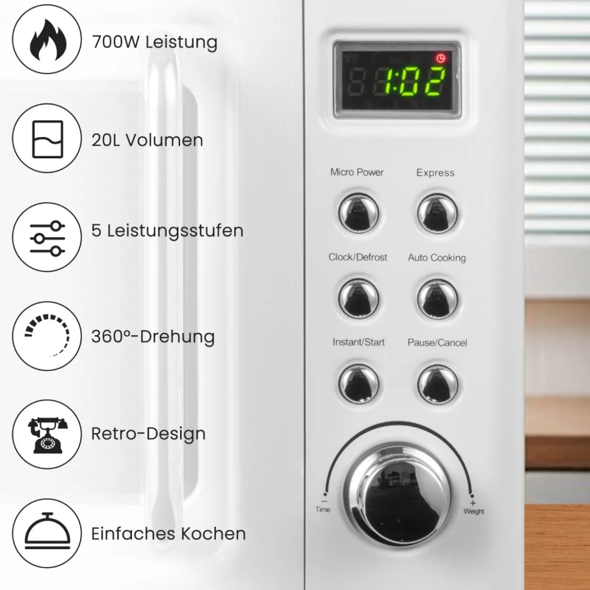 Retro Aufsatzmikrowellenofen mit 5 Mikrowellenleistungsstufen Weiß