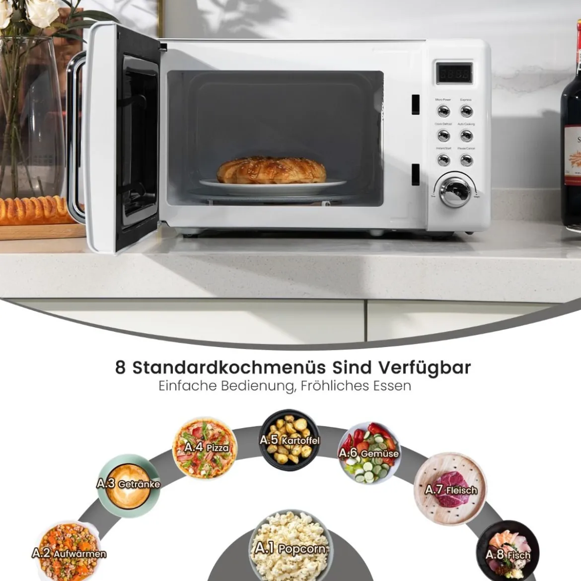 Retro Aufsatzmikrowellenofen mit 5 Mikrowellenleistungsstufen Weiß