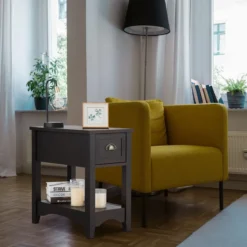 Retro Beistelltisch mit Schublade & Ablage Gummiholzbeine für Wohnzimmer & Schlafzimmer Walnuss