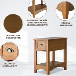 Retro Beistelltisch mit Schublade & Ablage Gummiholzbeine für Wohnzimmer & Schlafzimmer Gelbbraun