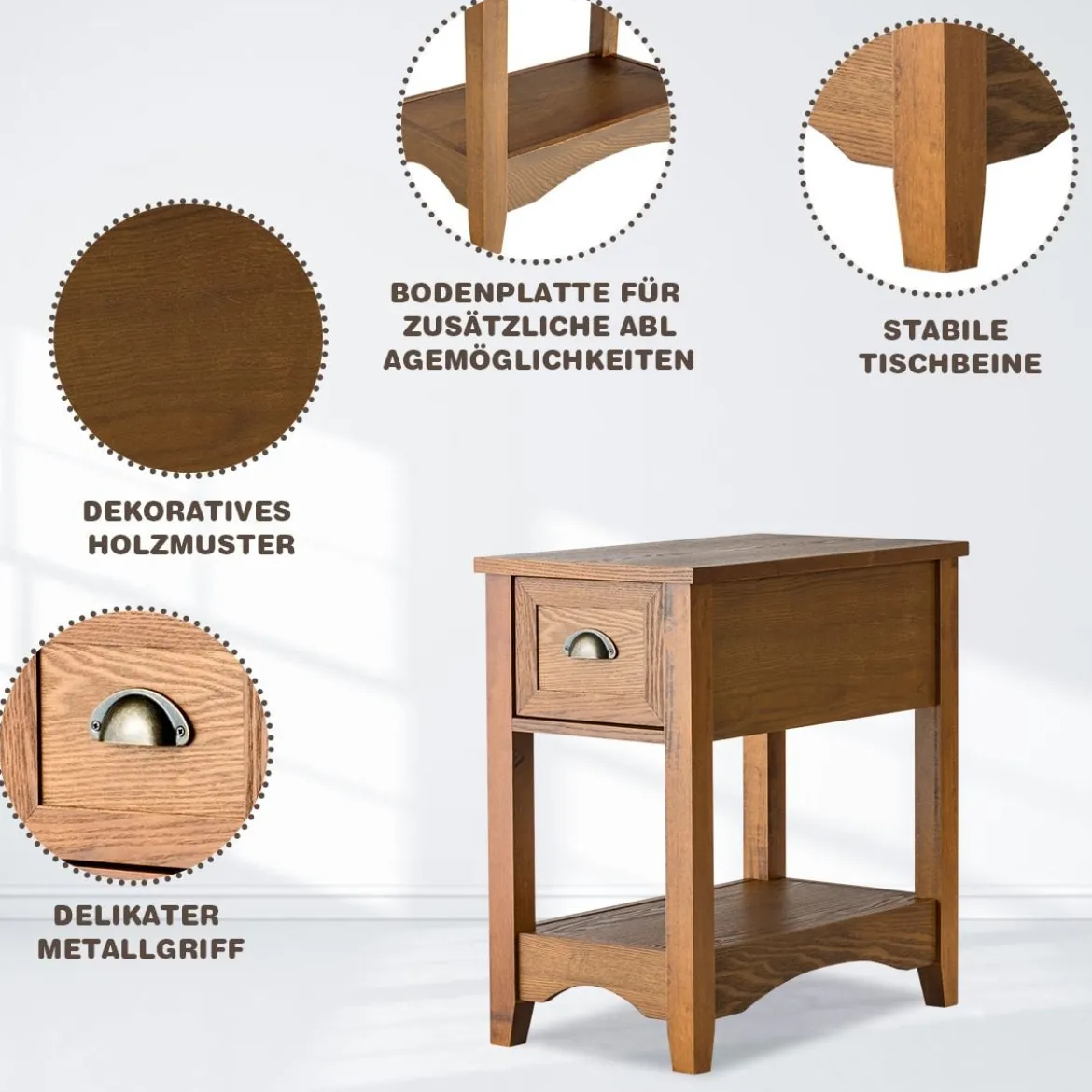 Retro Beistelltisch mit Schublade & Ablage Gummiholzbeine für Wohnzimmer & Schlafzimmer Gelbbraun