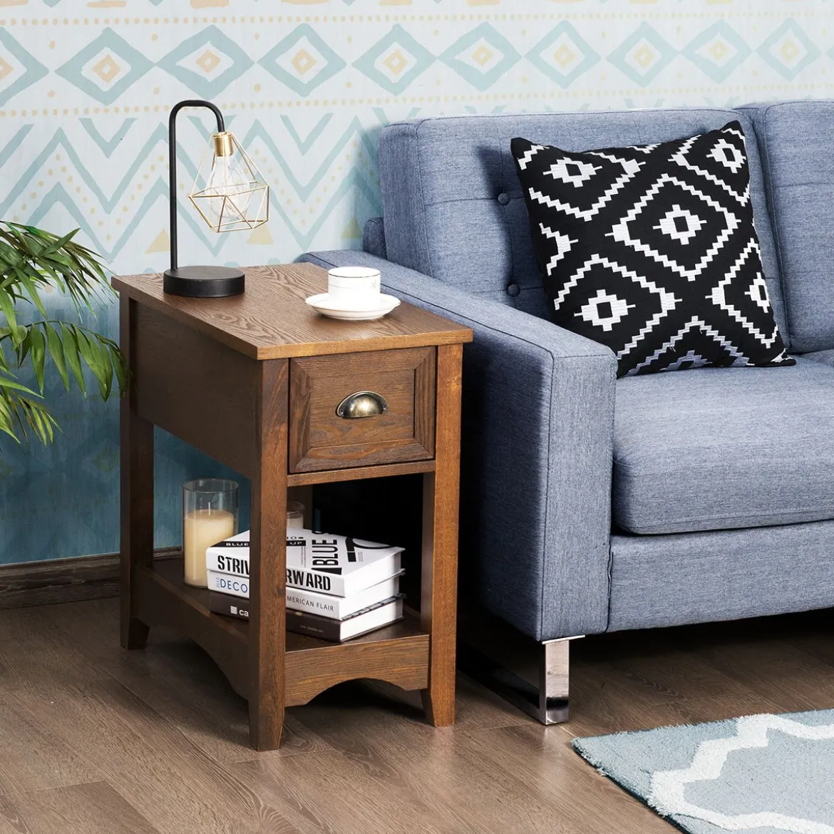 Retro Beistelltisch mit Schublade & Ablage Gummiholzbeine für Wohnzimmer & Schlafzimmer Gelbbraun