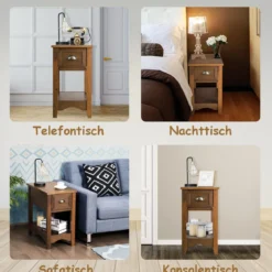 Retro Beistelltisch mit Schublade & Ablage Gummiholzbeine für Wohnzimmer & Schlafzimmer Gelbbraun