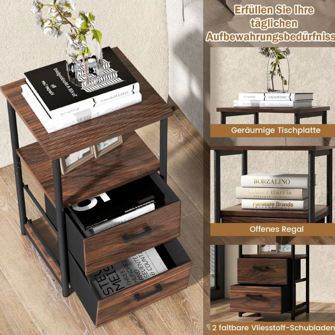 Retro-Nachttisch mit 2 Stoffschubladen Beistelltisch Industrie Design 34 x 30 x 58 cm Walnuss + Schwarz