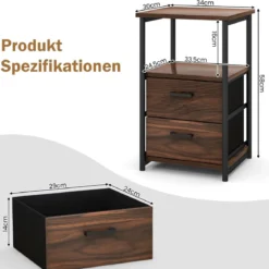 Retro-Nachttisch mit 2 Stoffschubladen Beistelltisch Industrie Design 34 x 30 x 58 cm Walnuss + Schwarz