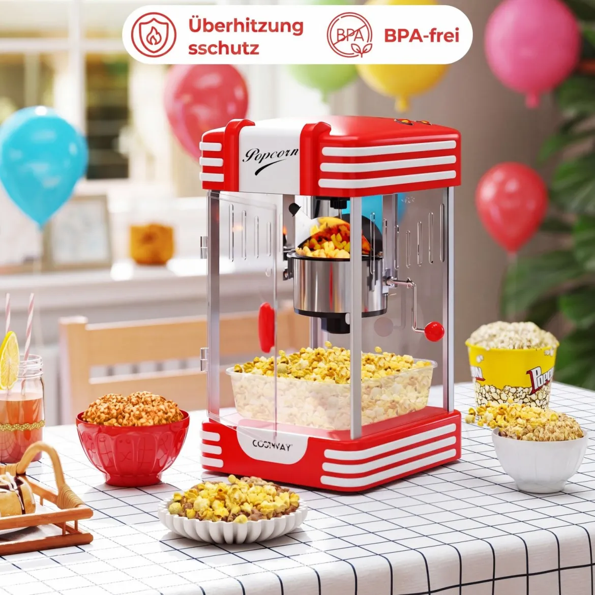 Retro Popcornmaschine 300 W Popcornmaker im Kino-Stil mit Warmhaltelicht & Handkurbel