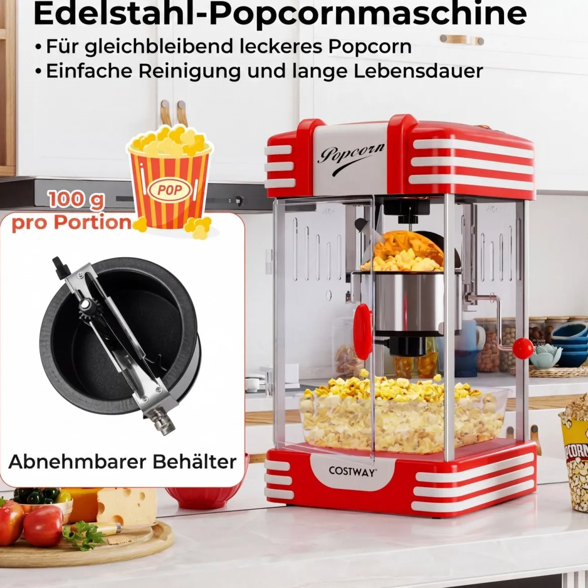 Retro Popcornmaschine 300 W Popcornmaker im Kino-Stil mit Warmhaltelicht & Handkurbel