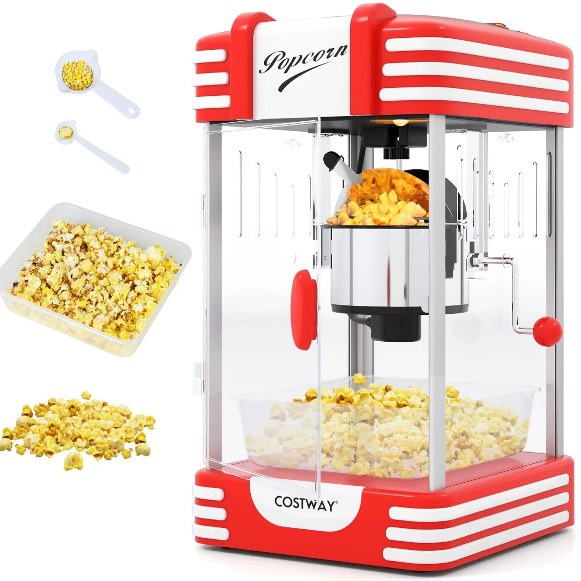 Retro Popcornmaschine 300 W Popcornmaker im Kino-Stil mit Warmhaltelicht & Handkurbel