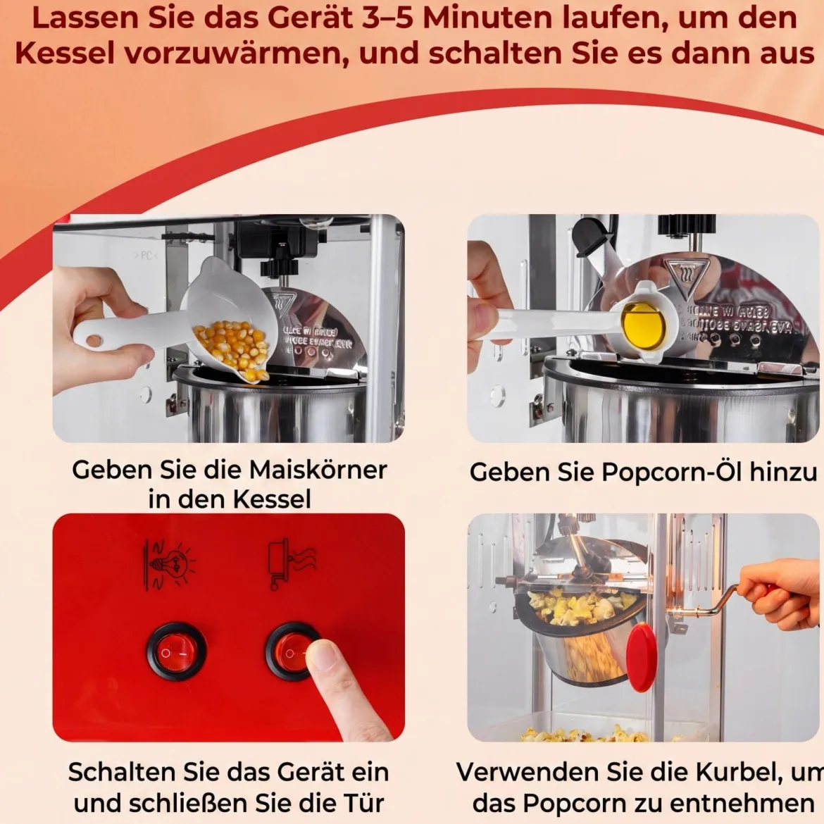 Retro Popcornmaschine 300 W Popcornmaker im Kino-Stil mit Warmhaltelicht & Handkurbel