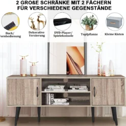 Retro-TV-Schrank mit 2 Aufbewahrungsschränken offenes Regal Massivholzbeine Kommode Grau