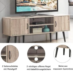 Retro-TV-Schrank mit 2 Aufbewahrungsschränken offenes Regal Massivholzbeine Kommode Grau