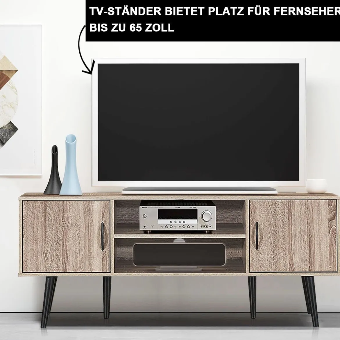 Retro-TV-Schrank mit 2 Aufbewahrungsschränken offenes Regal Massivholzbeine Kommode Grau