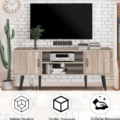 Retro-TV-Schrank mit 2 Aufbewahrungsschränken offenes Regal Massivholzbeine Kommode Grau