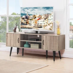 Retro-TV-Schrank mit 2 Aufbewahrungsschränken offenes Regal Massivholzbeine Kommode Grau