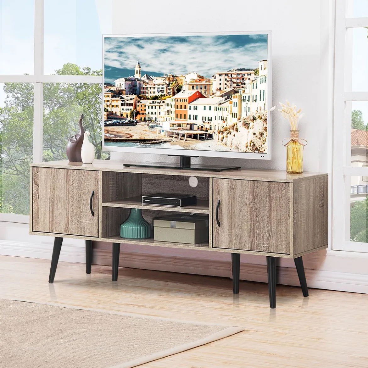 Retro-TV-Schrank mit 2 Aufbewahrungsschränken offenes Regal Massivholzbeine Kommode Grau